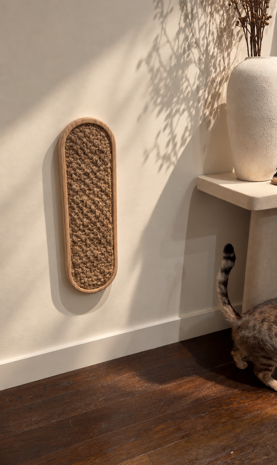 Completed oval wall scratcher prototype on Lindsay's wall